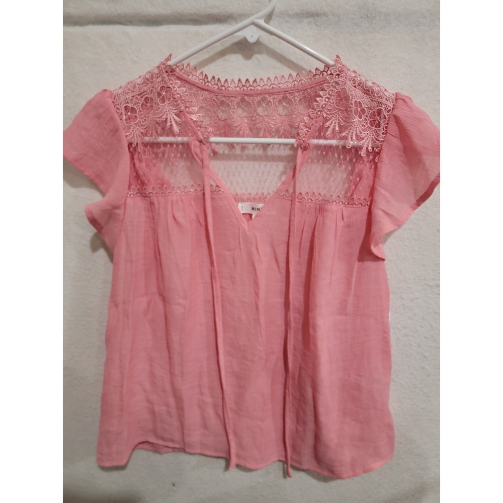 MINE Pink Lace Yoke Ruffle Sleeve Top Blouse Boho V-Neck Tie Front NWOT Size S